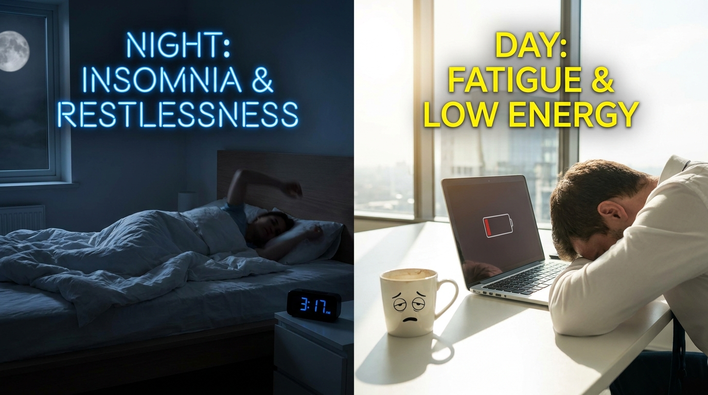 Night vs. Day symptoms visual: a split scene with a night bed and a daytime desk with a sleepy mug