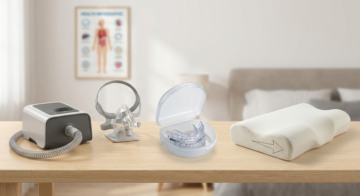 Treatment options: CPAP unit with mask, oral appliance case, and side-sleeping pillow