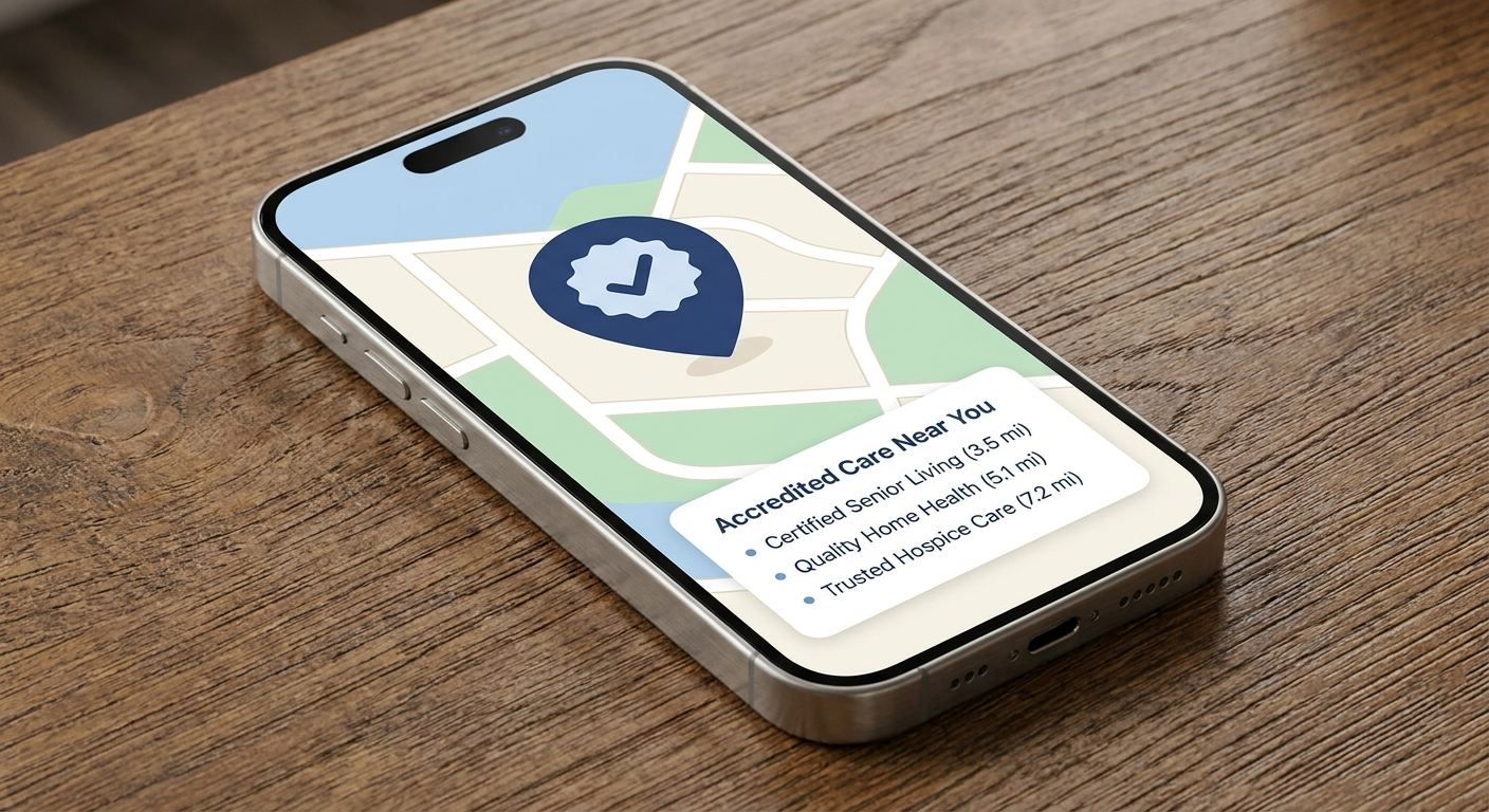 Find accredited care: smartphone with a map, a pin, a checkmark badge, and a list card