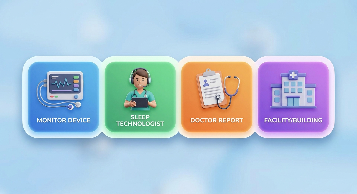 Cost components: 3D tiles showing monitor device, sleep technologist, doctor report, and facility building