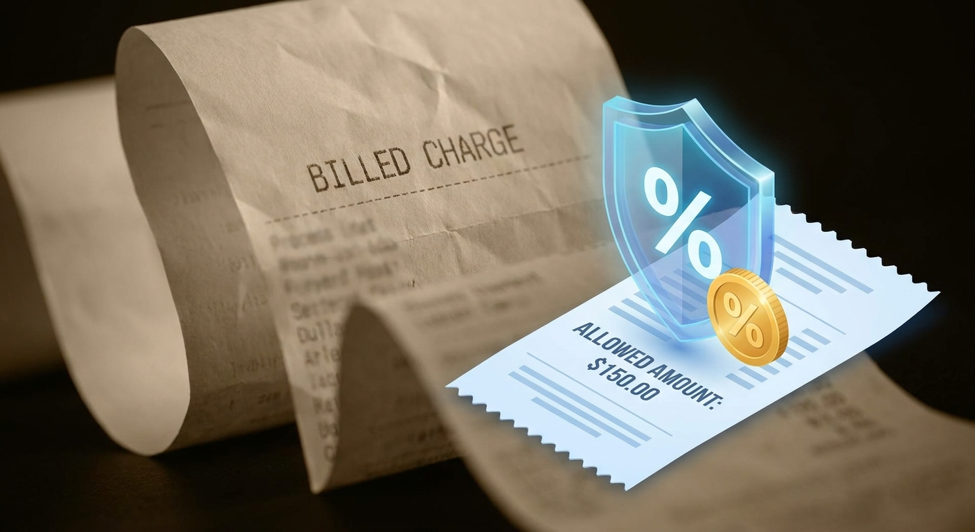 Billed charge vs. allowed amount: tall billed receipt behind smaller allowed receipt with shield and percent coin