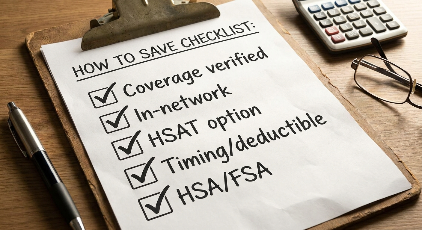 How to save checklist: clipboard with checkmarks for coverage, in-network, HSAT, timing/deductible, HSA/FSA