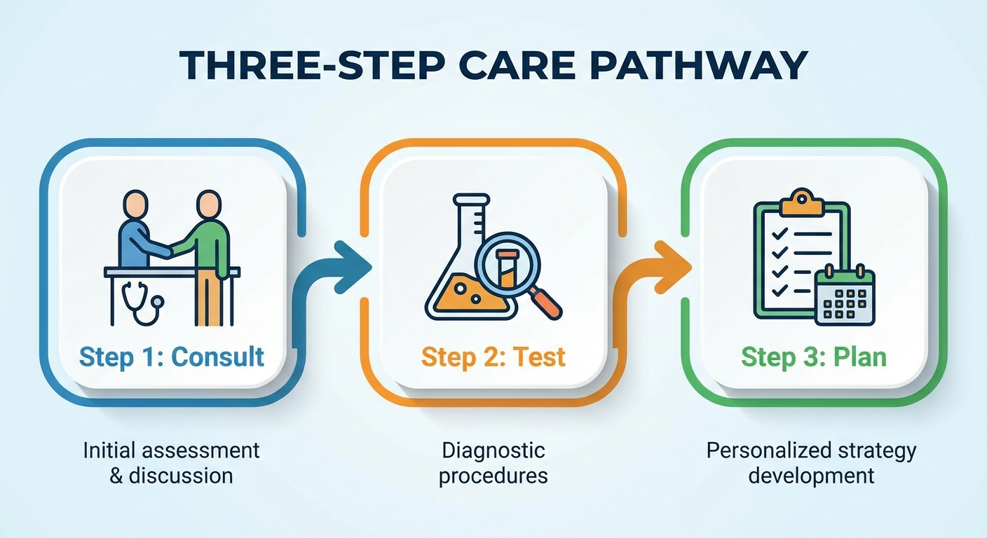 Three-step care pathway: Consult, Test, Plan