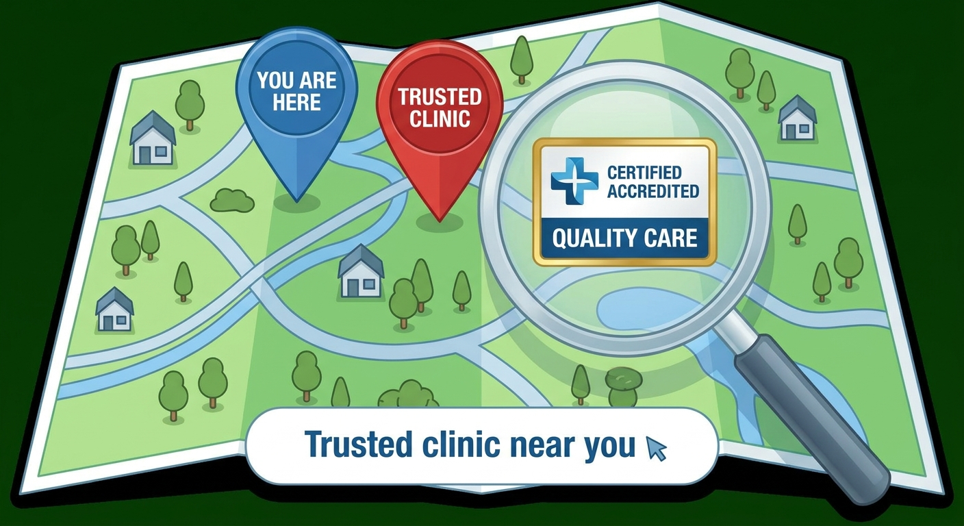 Trusted clinic near you with map pins and accreditation badge