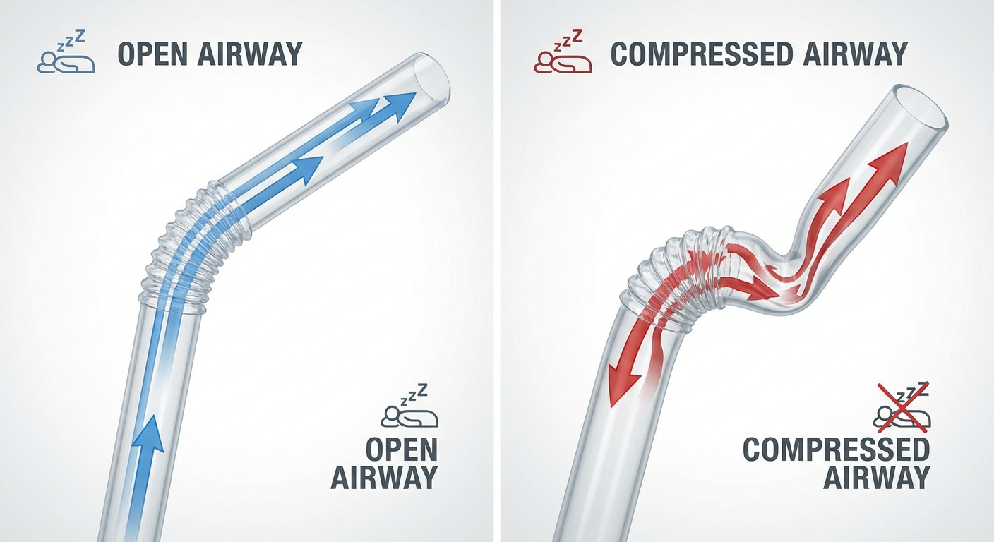 Airway as flexible straw: open vs compressed airway with airflow arrows in a clean 3D style