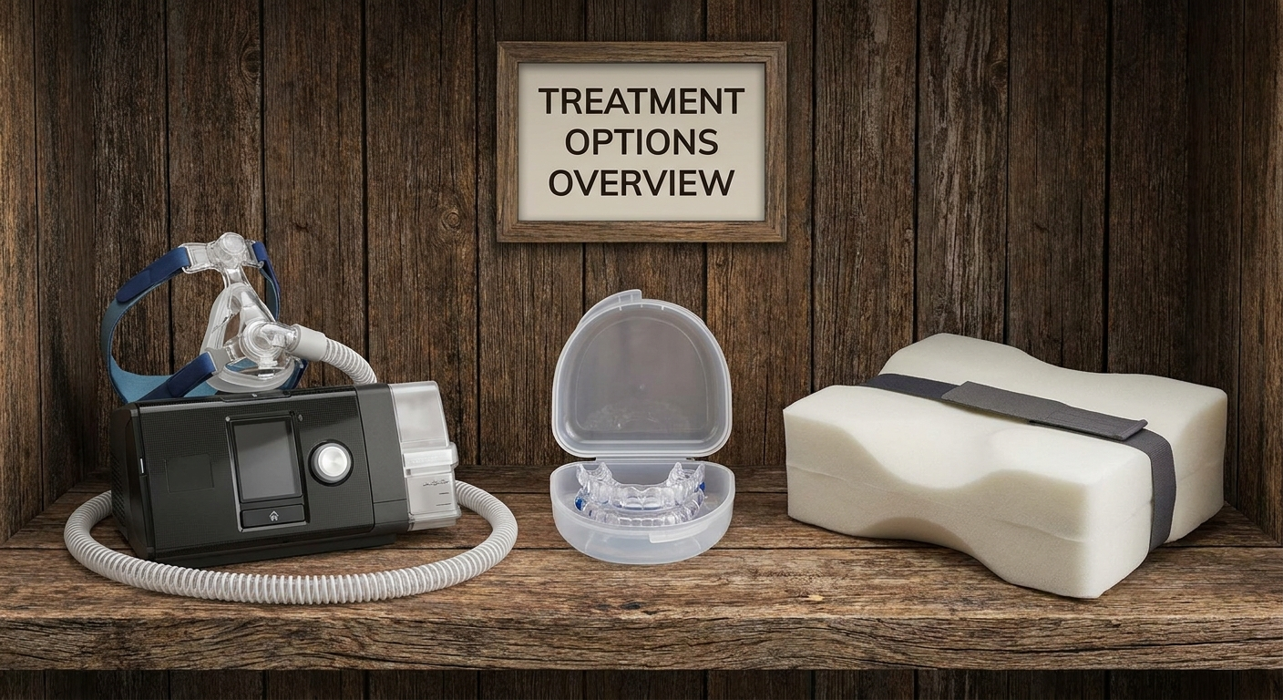 Treatment options: CPAP device, oral appliance, positional pillow