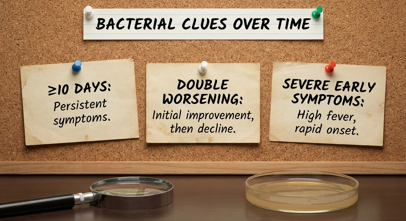 Bacterial clues over time: ≥10 days, double worsening, or severe early symptoms