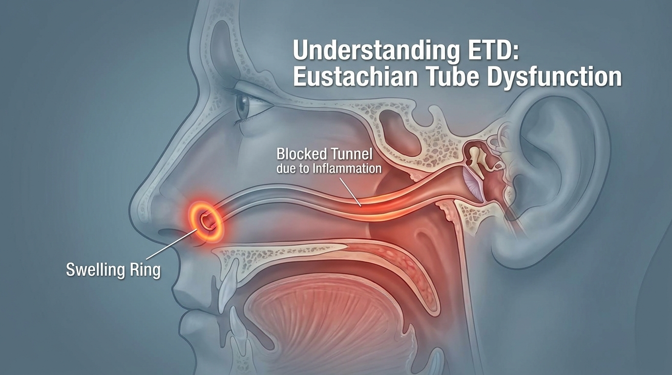 Side-profile cutaway showing the Eustachian tube as a curved tunnel from nose to ear with mild swelling at the opening.
