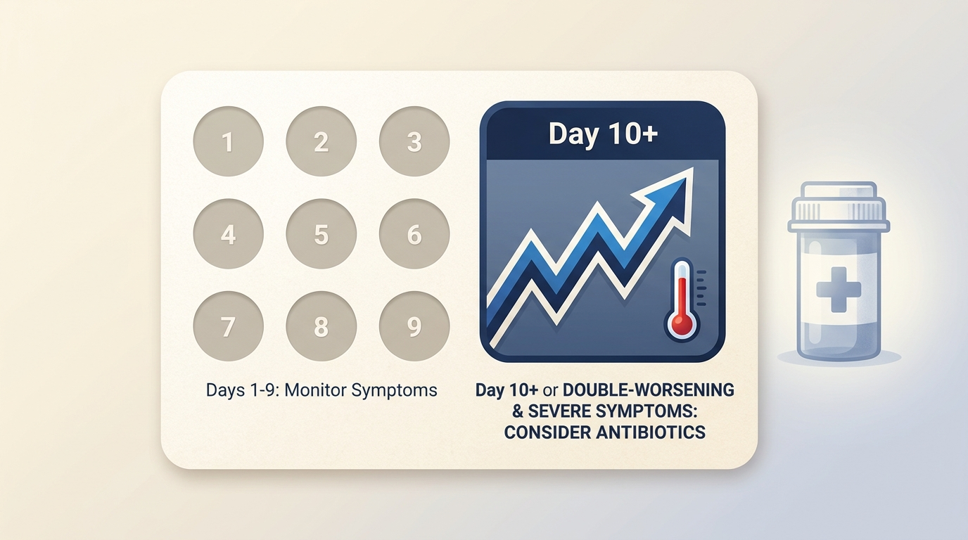 Timing cues for considering antibiotics with day 10+ emphasis and double-worsening indicators