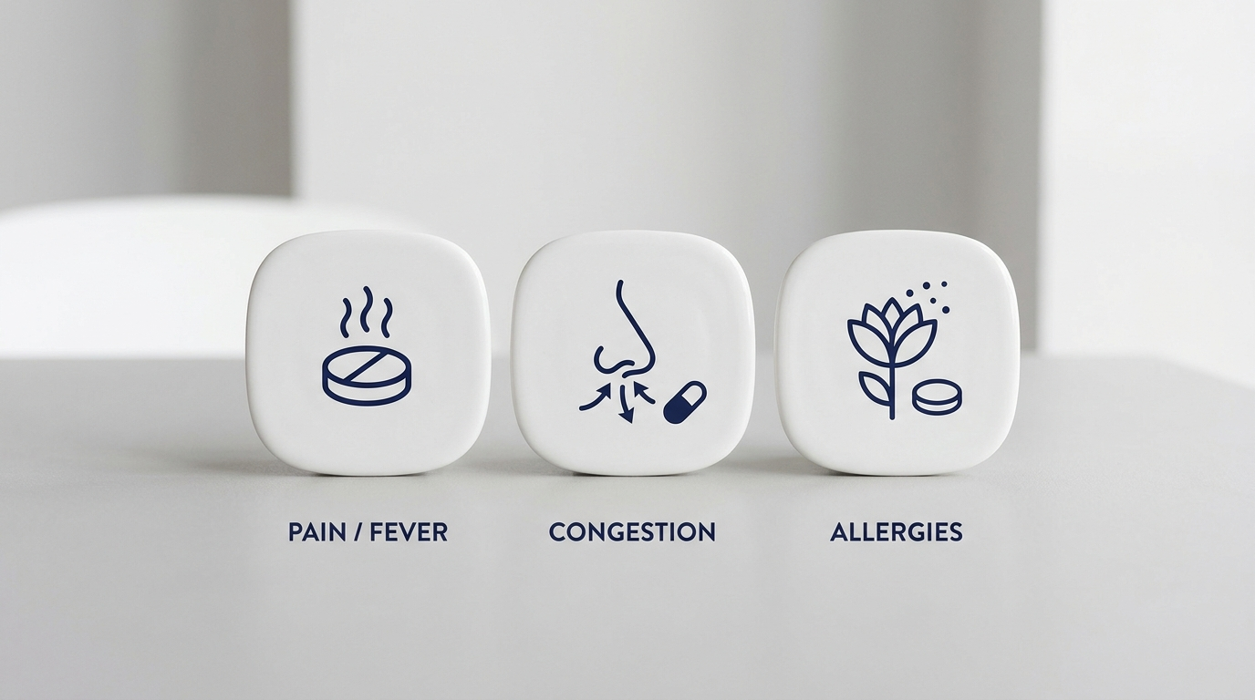 Symptom-to-OTC matching guide with tiles for pain/fever, congestion, and allergies