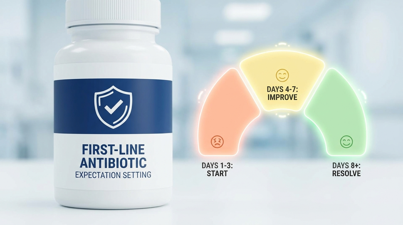 First-line antibiotic expectations with gradual improvement arc next to prescription bottle