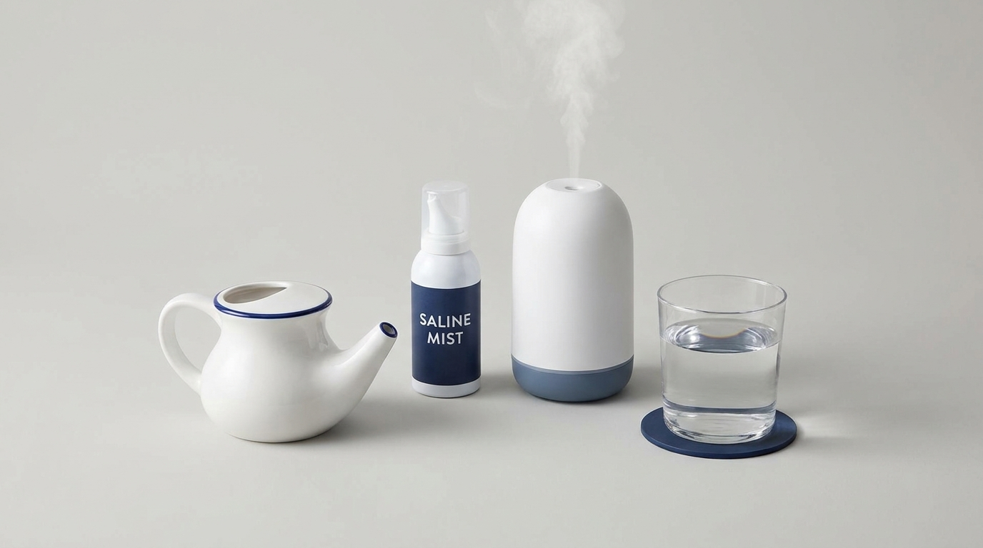 Supportive care items: neti pot, saline spray, humidifier, and water glass