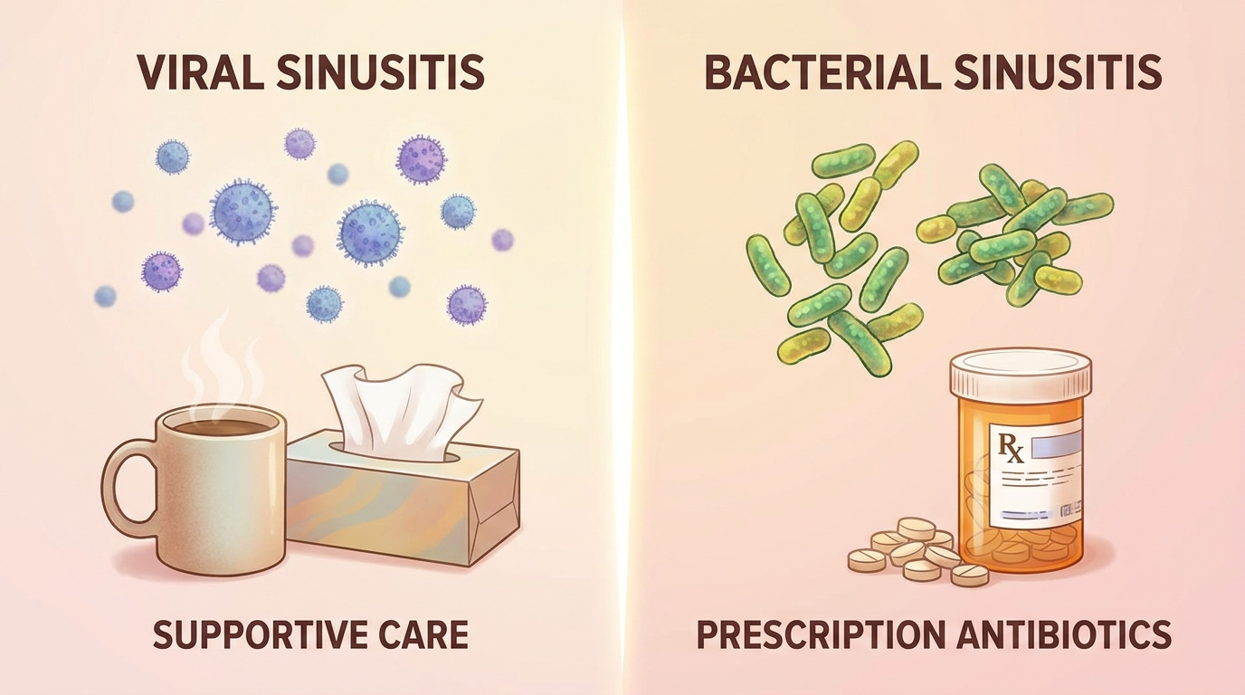Viral vs. bacterial sinusitis split scene illustration