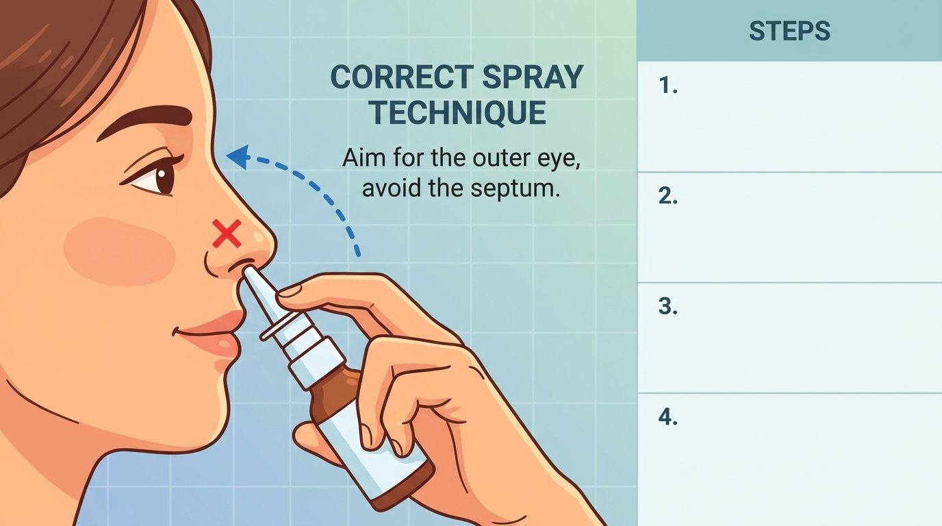 Correct nasal spray aim away from septum toward outer eye corner