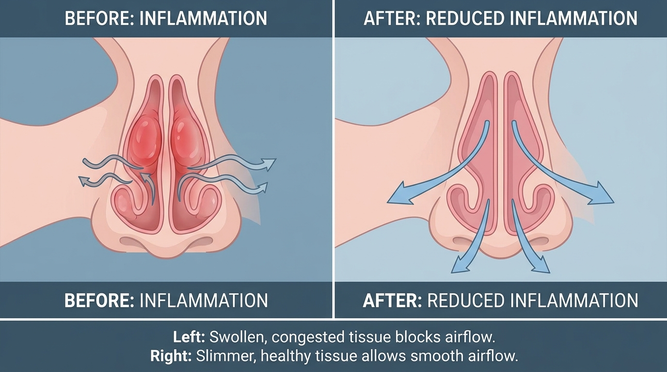 Before vs after nasal lining inflammation with airflow change