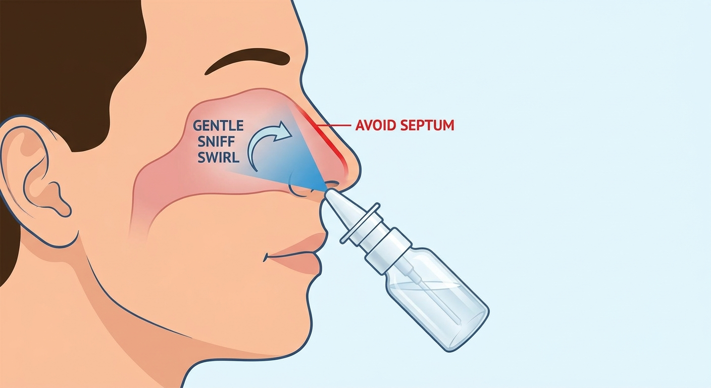 Proper nasal spray technique aiming away from septum