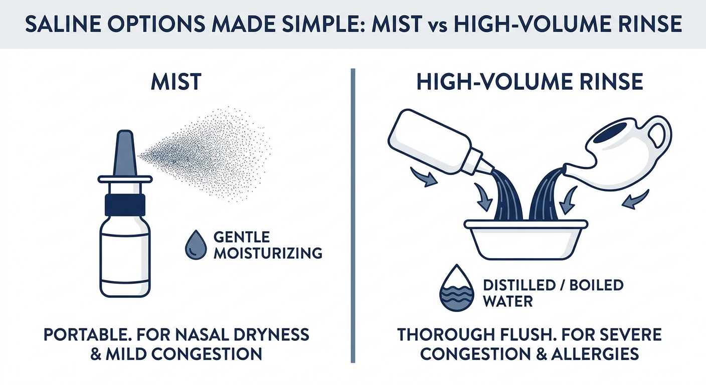 Saline options: mist vs high-volume rinse with distilled/boiled water reminder