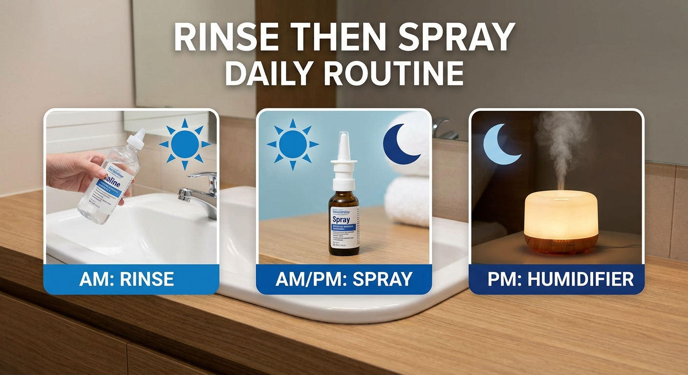 Rinse then spray daily routine with AM/PM and humidifier