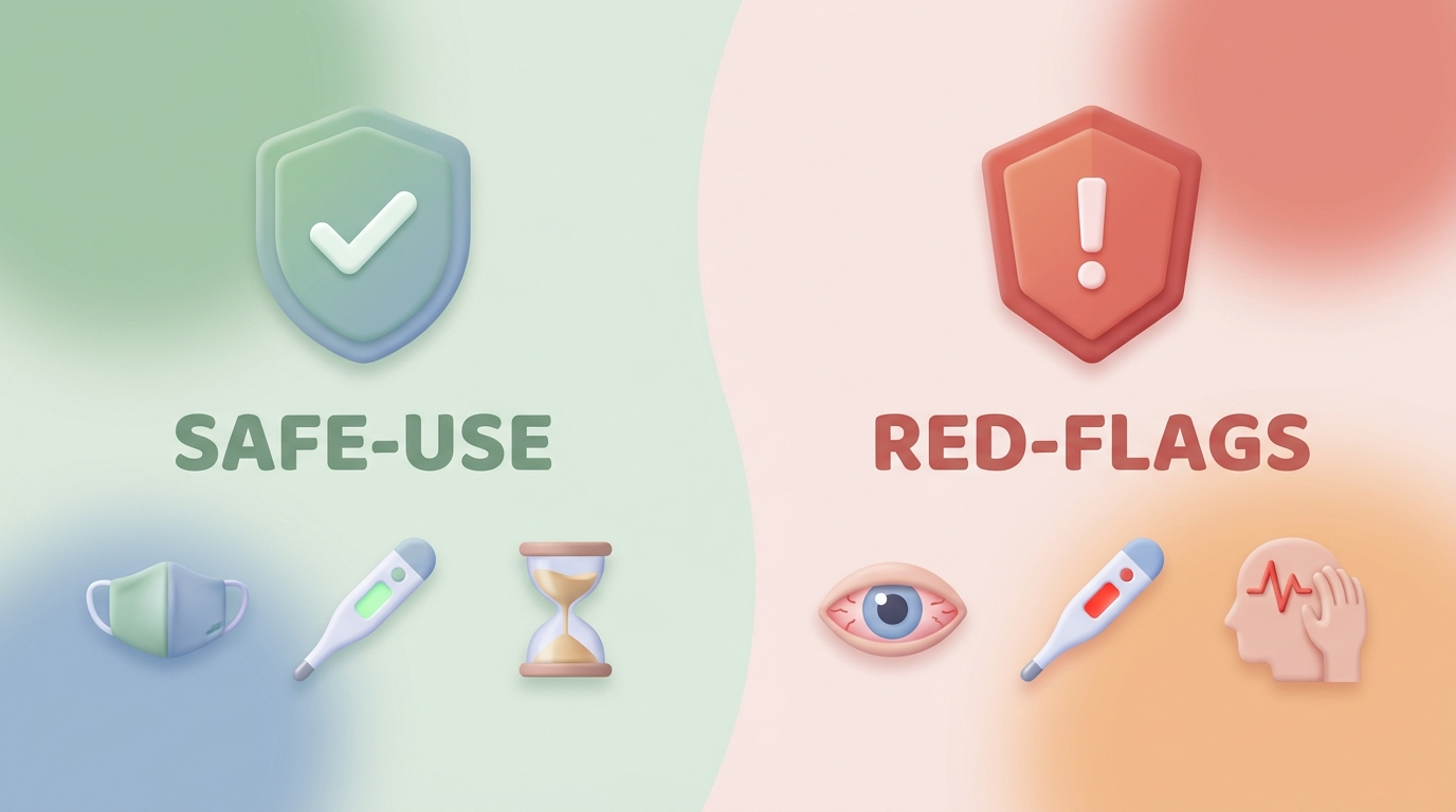 Safety and red flags: safe-use shield and red-flags shield with icons