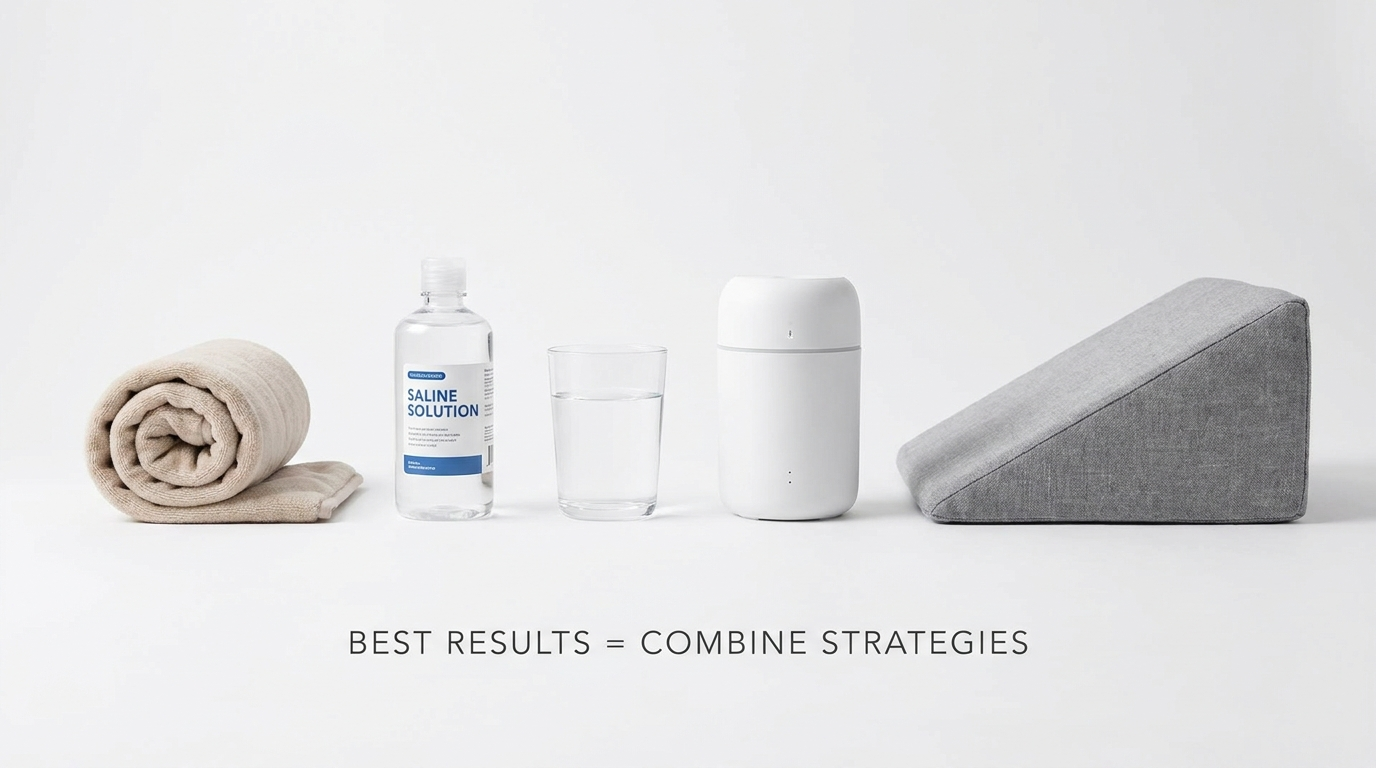 Best results combine strategies: warm compress, saline, water, humidifier, and elevated pillow