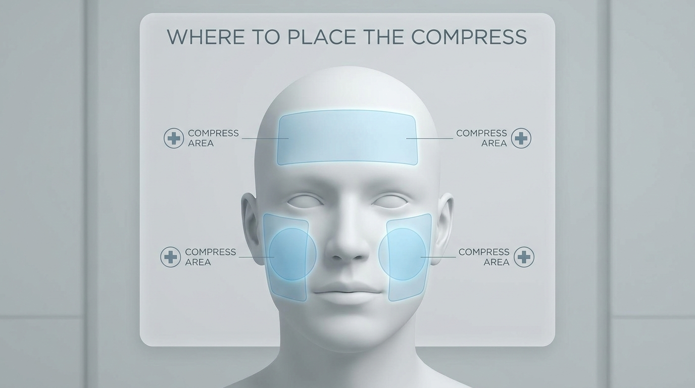 Where to place the compress on cheeks and forehead