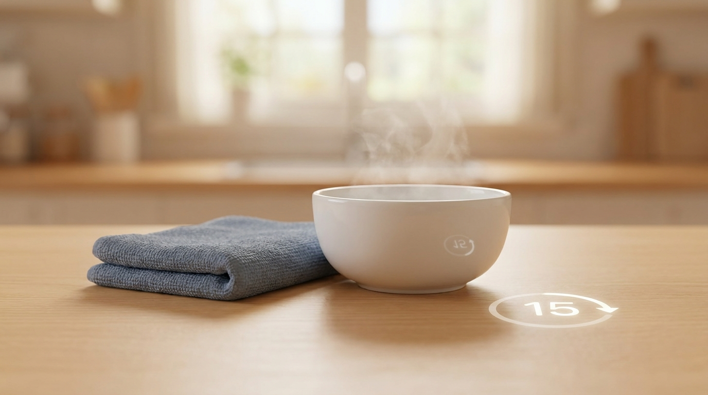 Simple warm compress how-to still life with washcloth, steaming bowl, and timer