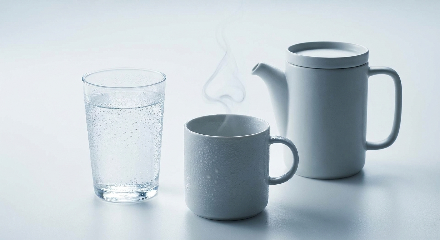 Glass of water with a minimalist mug and subtle steam swirl