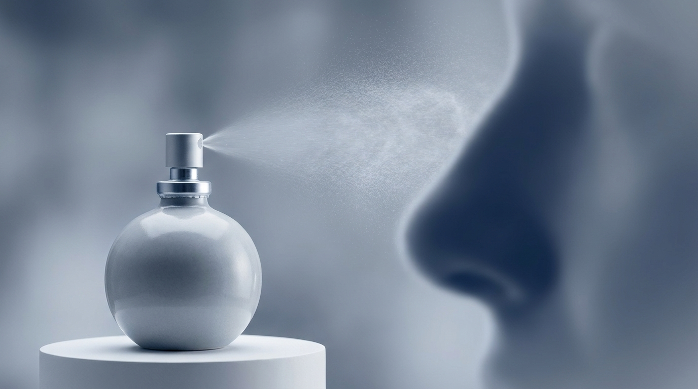 Saline nasal spray mist toward a nose silhouette