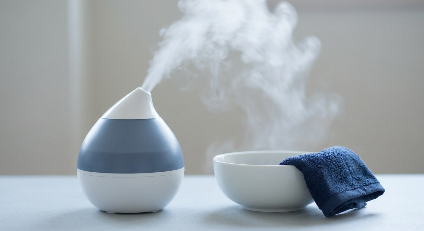 Minimal humidifier with soft vapor beside a bowl and towel