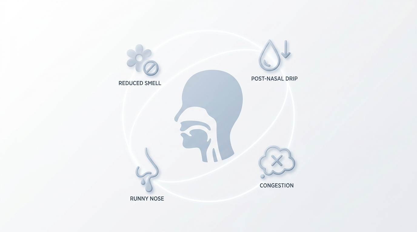 Core nasal symptoms nose-and-throat silhouette with icons