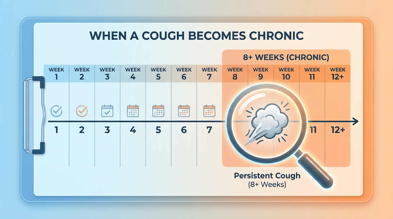 Chronic cough timeline highlighting 8+ weeks with magnifying glass and cough puff