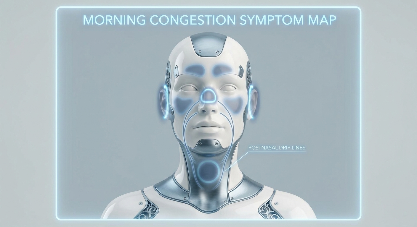 Front-facing bust symptom map for morning congestion: highlights on nose, cheeks/forehead, ears, and throat with thin curved postnasal drip lines from nose to throat; white bust with cool steel accents and slate blue glow rings.