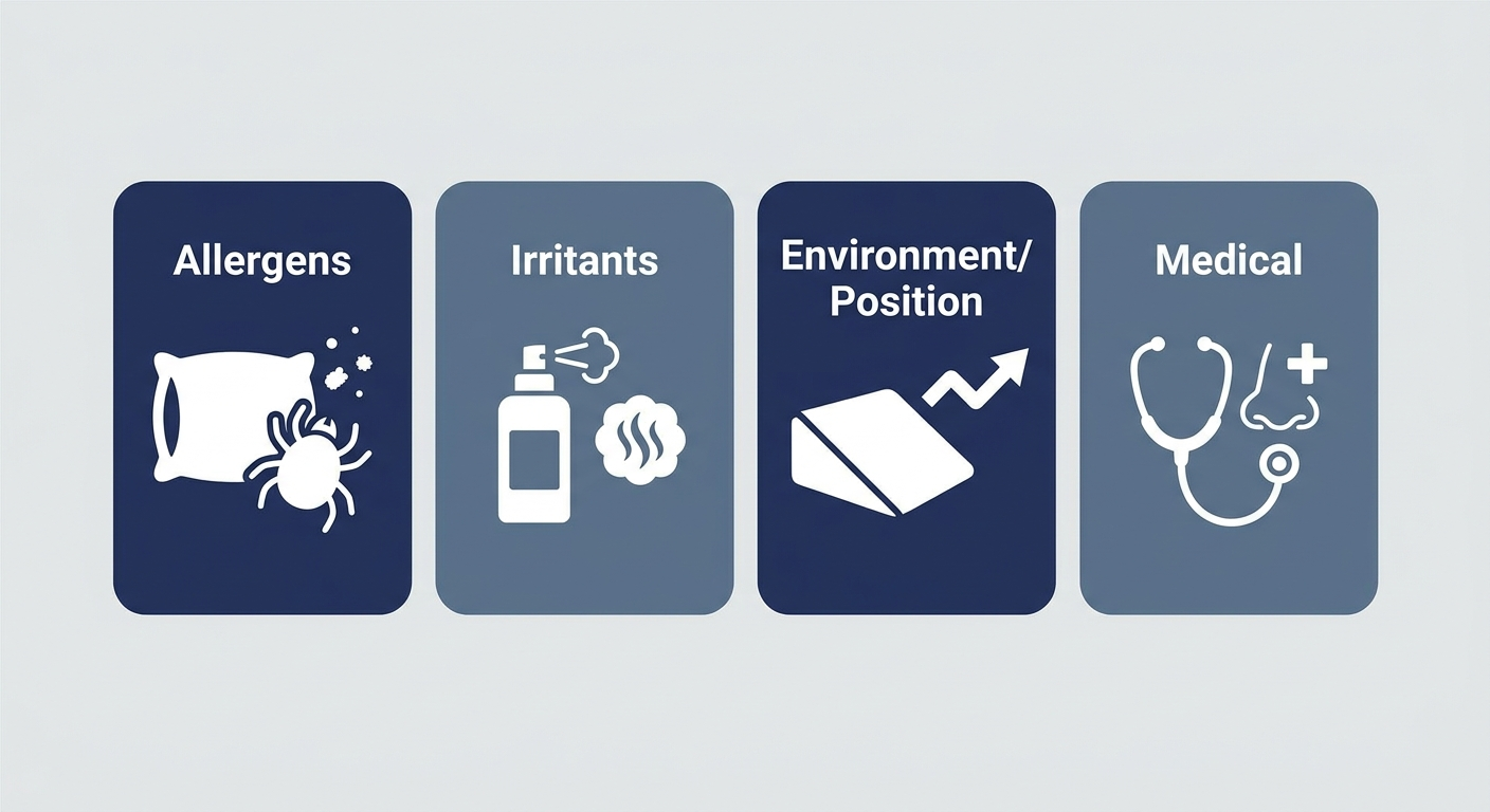 Four rounded blocks showing causes of morning congestion: allergens, irritants, environment/position, and medical; navy/slate blue blocks on a light gray background.