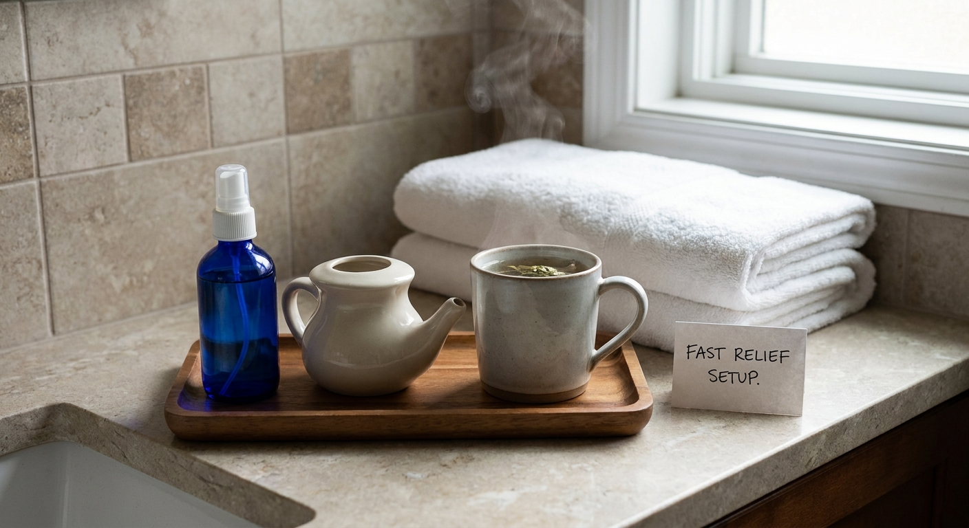 Fast relief setup with saline spray, neti pot, and steaming mug on a bathroom counter