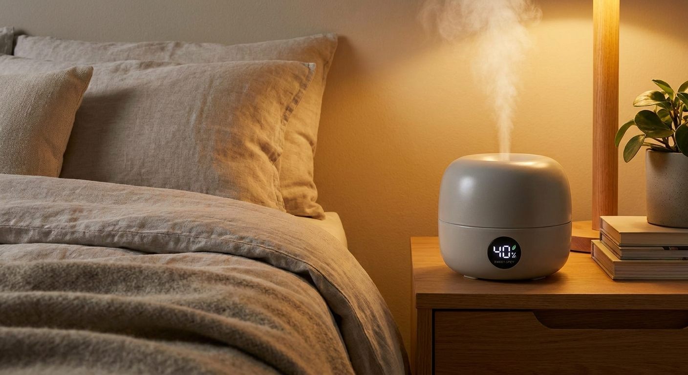 Humidifier on a nightstand emitting gentle mist with a 40% sweet-spot feel