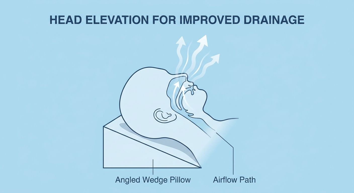 Head elevated on a wedge pillow with airflow lines for better drainage