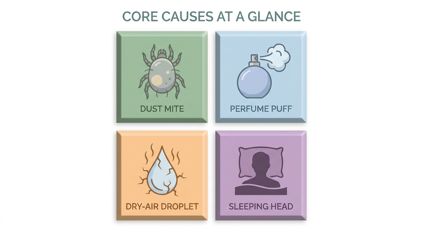Core causes at a glance: dust mite, perfume puff, dry-air droplet, and sleeping head icons on minimal tiles
