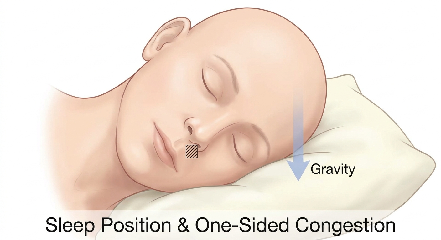 Side view head on pillow showing one-sided congestion and gravity