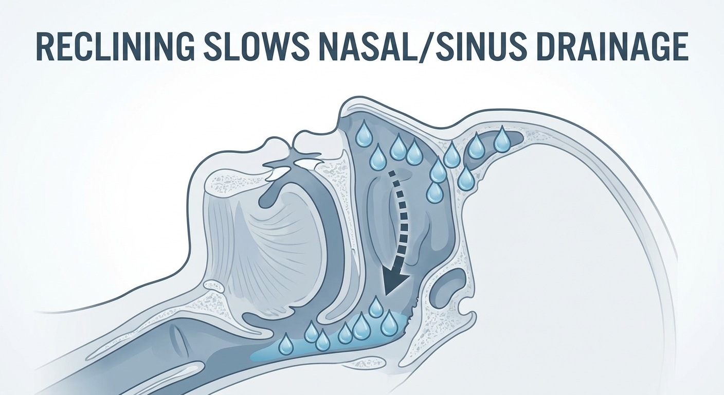 Reclining slows nasal and sinus drainage with gentle flow toward the back of the throat