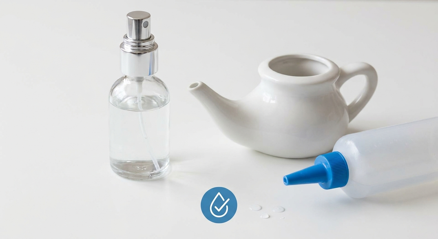 Saline spray and irrigation with distilled water for moisture and rinse