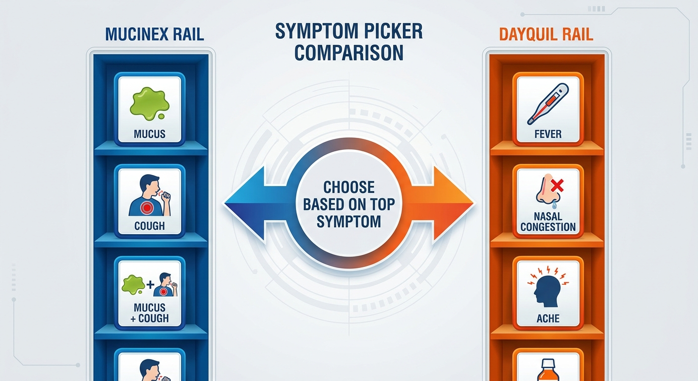 Symptom picker comparison: choose based on top symptom for Mucinex vs DayQuil
