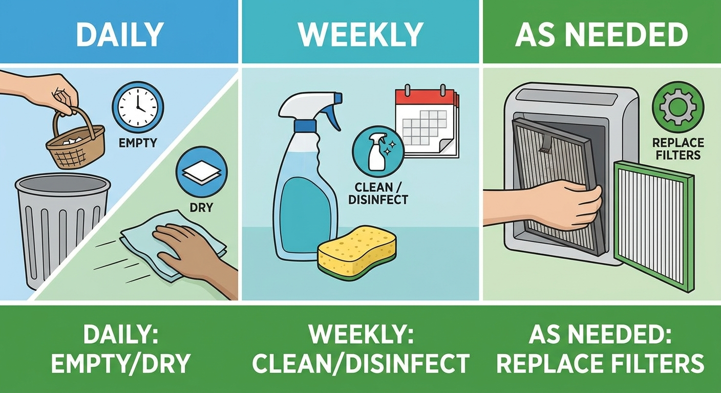 Cleaning routine: daily empty/dry, weekly clean/disinfect, replace filters