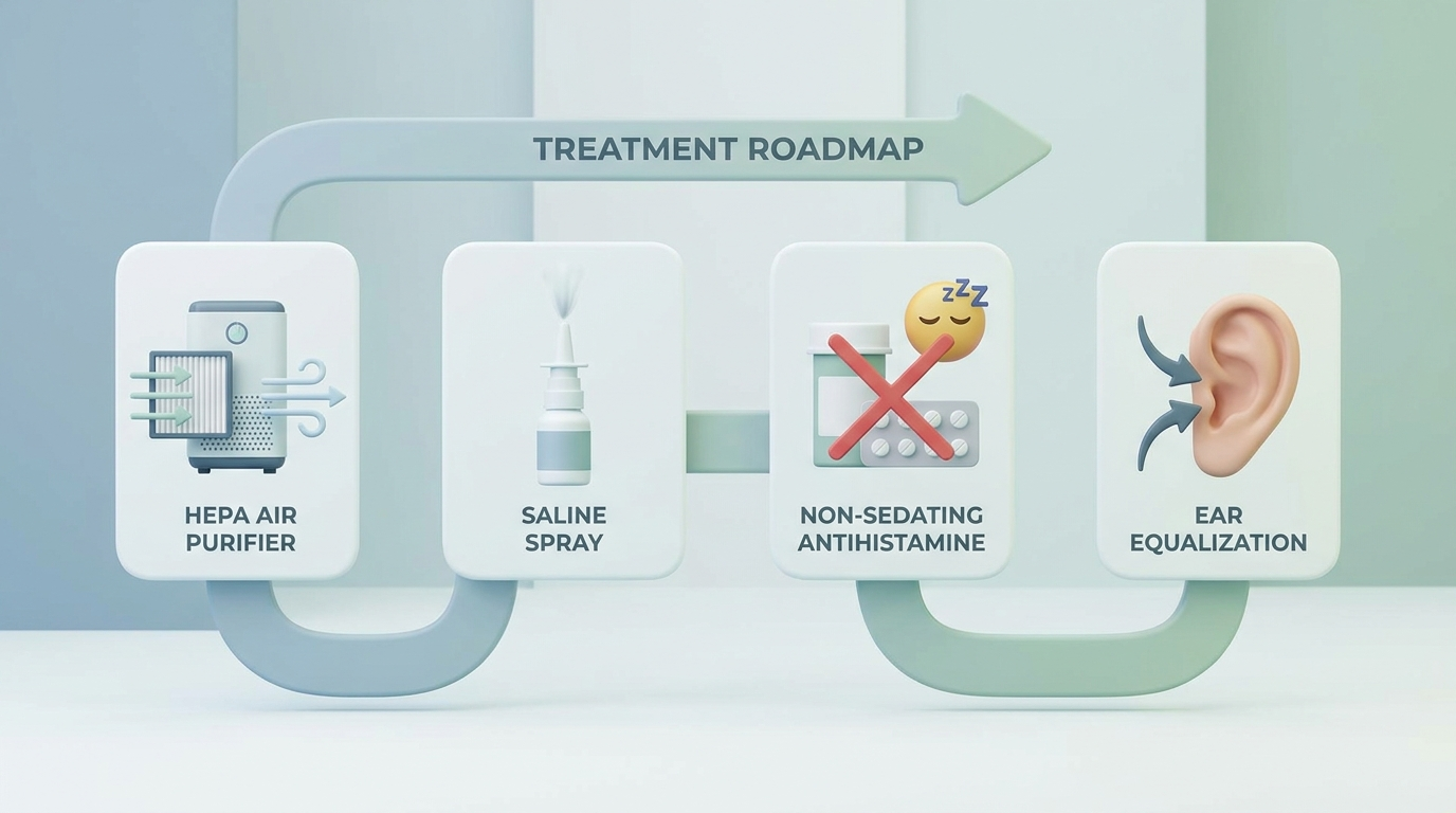 Treatment roadmap: air purifier, saline, non-sedating antihistamine, ear equalization