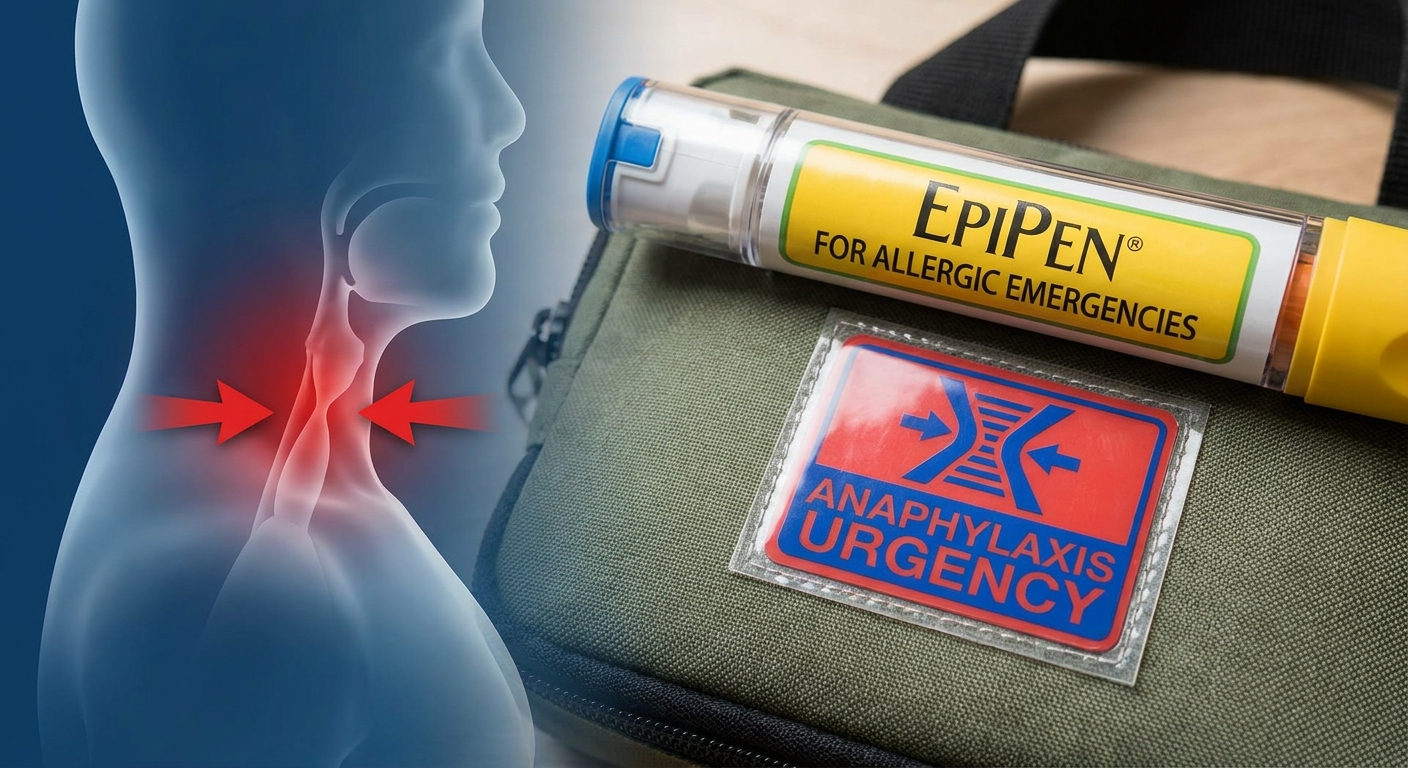 Anaphylaxis urgency with auto-injector and narrowing airway warning cue