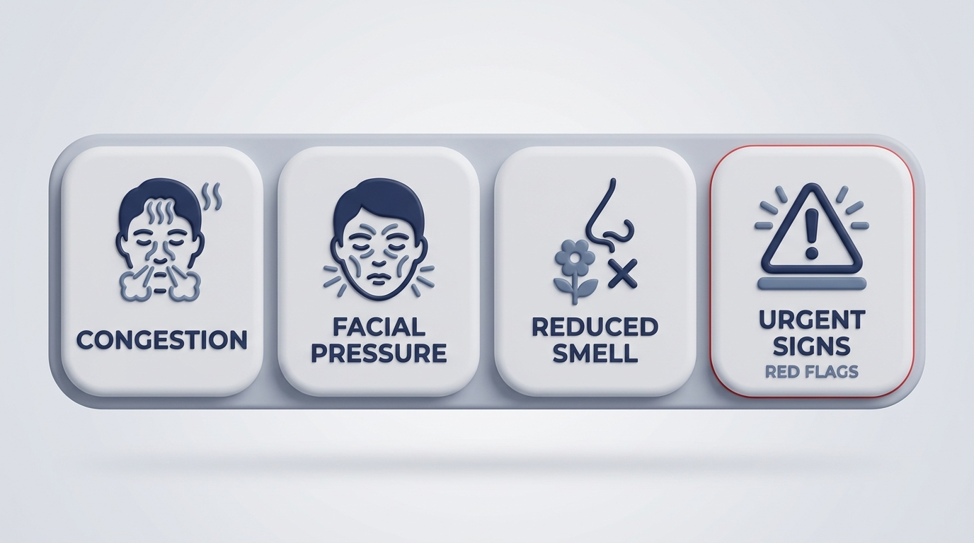 Icons for congestion, facial pressure, reduced smell, and urgent signs