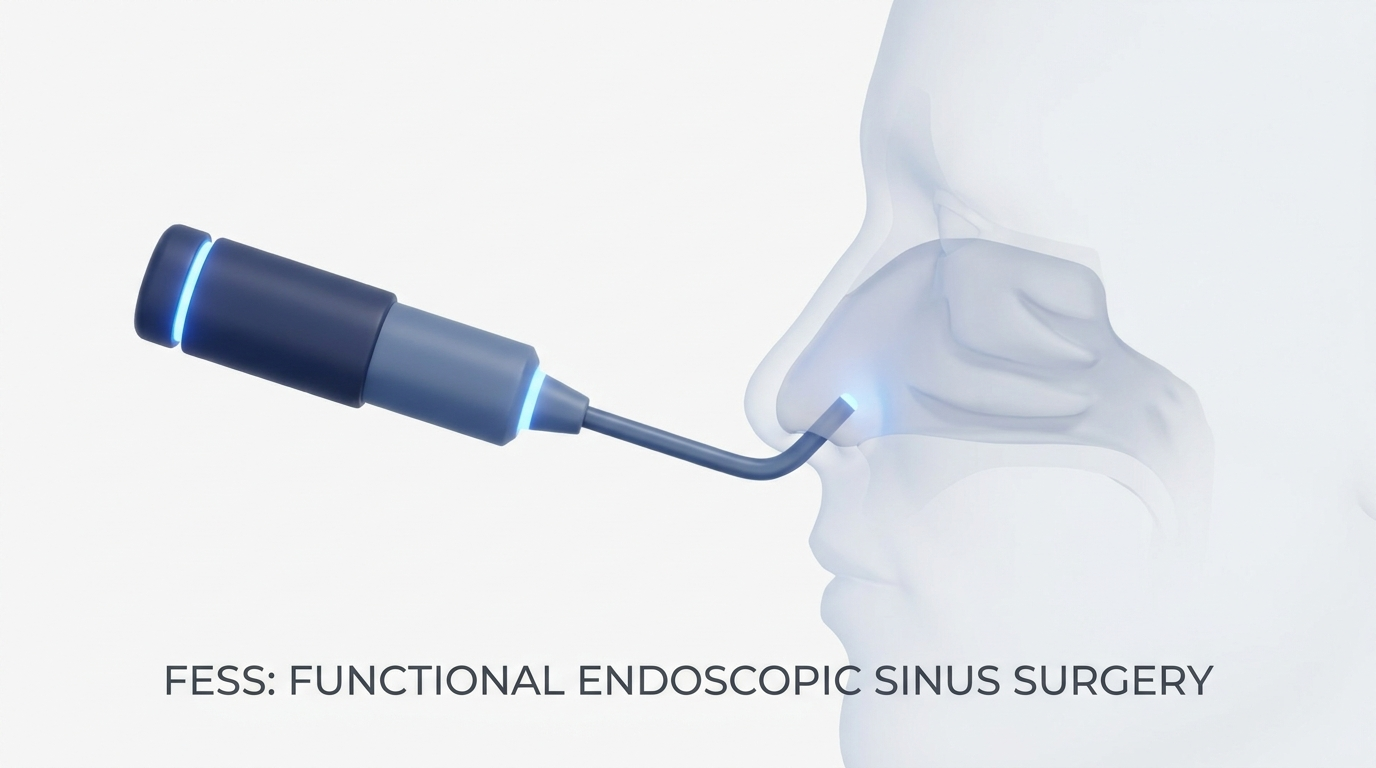 Endoscope approaching a nose silhouette, showing endoscopic sinus surgery without external incision