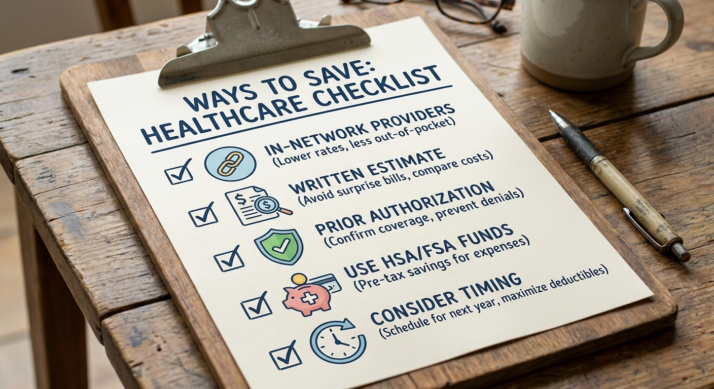 Ways to save: checklist for in-network, estimate, prior auth, HSA/FSA, timing
