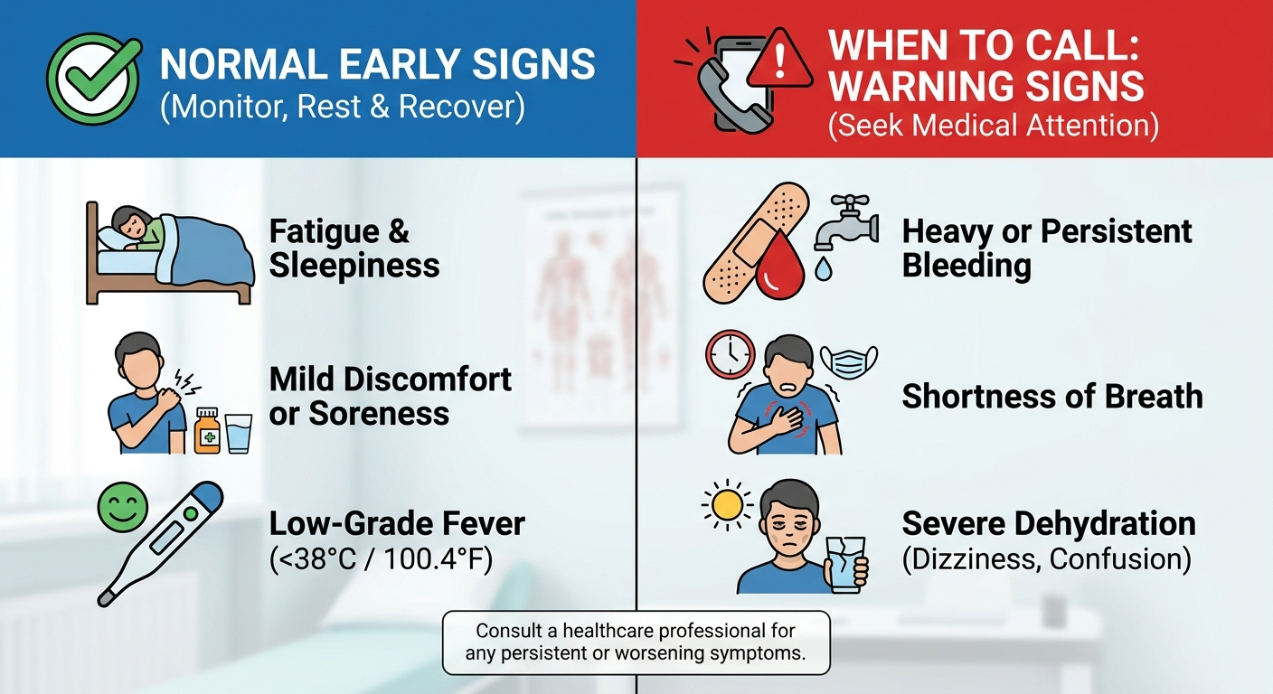 Normal early signs vs when to call: common recovery signs contrasted with warning signs