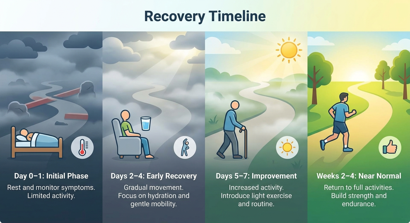 Recovery timeline banner: Day 0–1, Days 2–4, Days 5–7, Weeks 2–4 with progressively clearer passage