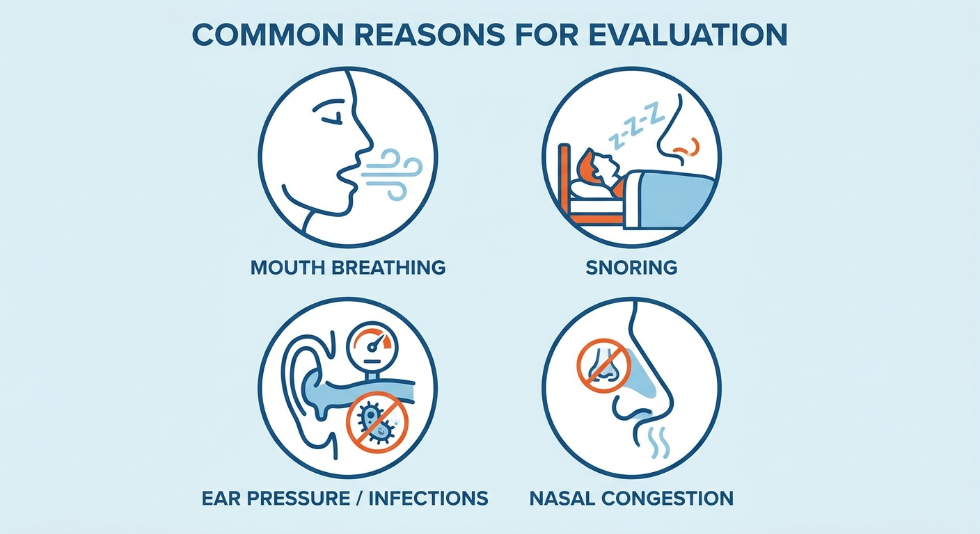 Common reasons for evaluation: mouth breathing, snoring, ear pressure/infections, nasal congestion icons